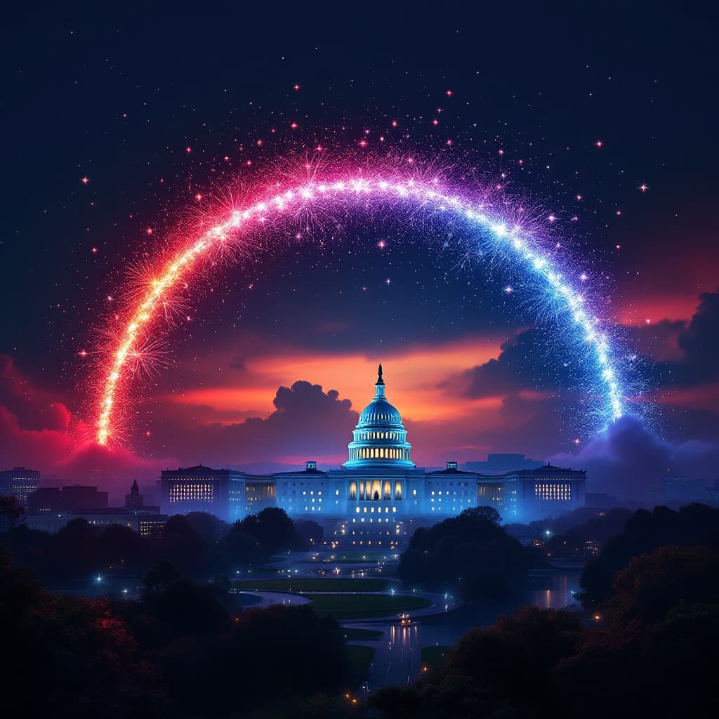 AI generated: Cinematic only bold red bright white and deep blue in the shape of a rainbow arc, covered in sparkly...