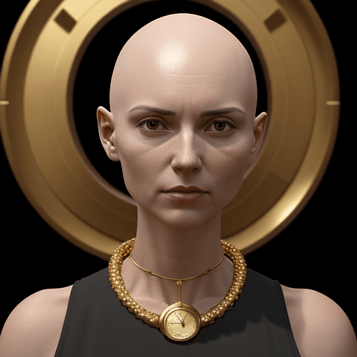 AI generated: woman without hair on her head in full growth with a gold watch around her neck, black background,3d...