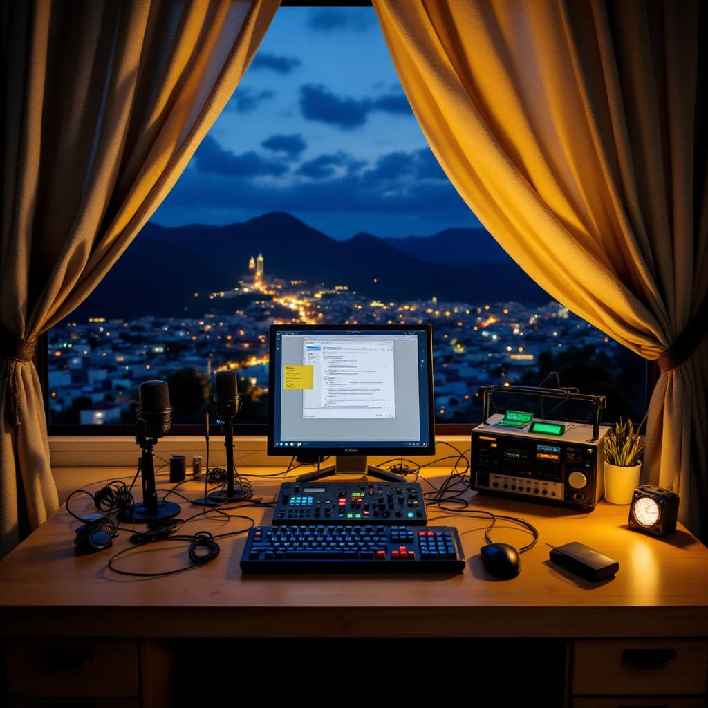 AI generated: A 2000's PC setup in a room. In the window you can see The City San felipe, estado Yaracuy  at night...