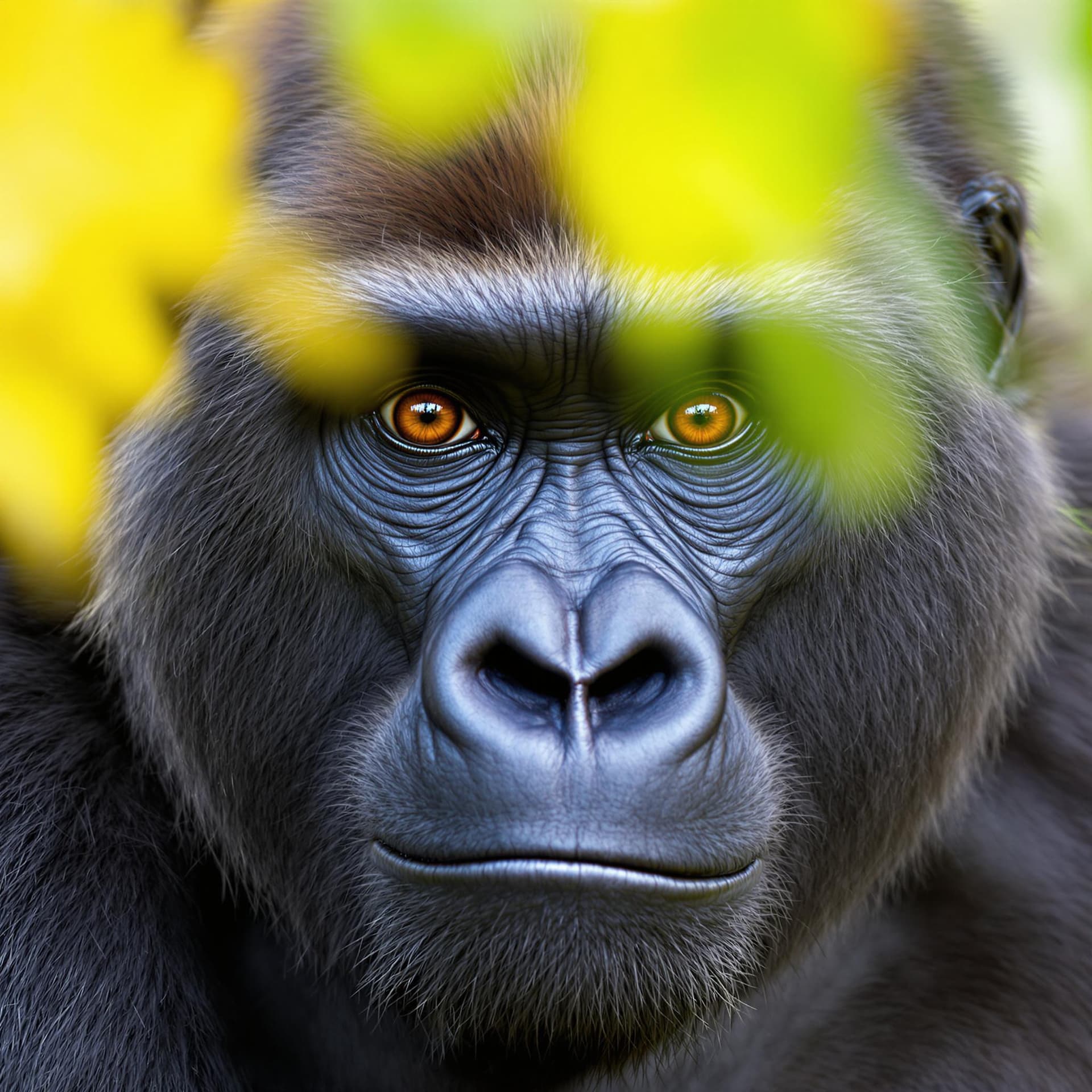 AI generated: The image is a close-up portrait of a gorilla, showcasing the animal's distinct features with a high...