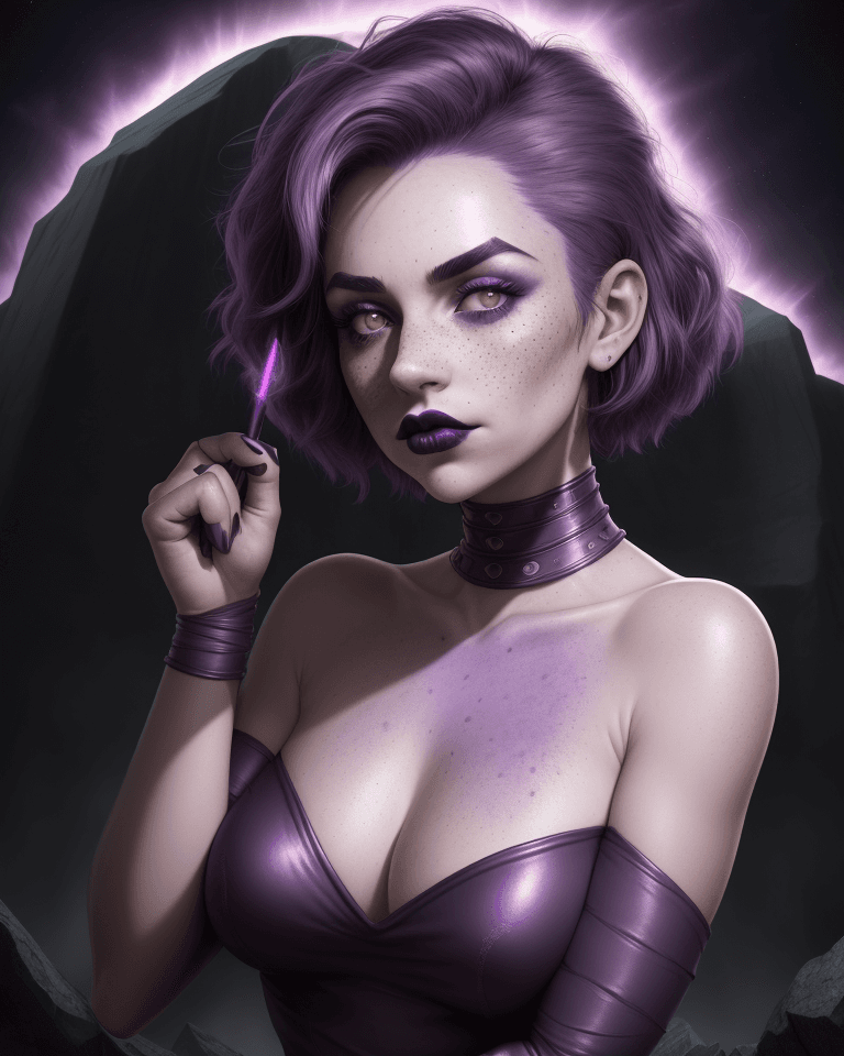 AI generated: D&D world, girl, she leaning against a monolith, lips puckered, eyes radiating light, looking over s...