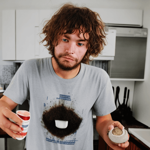 AI generated: a dazed, cross eyed man with frizzy, unkempt hair, bloodshot eyes, wearing a shirt with holes in it,...