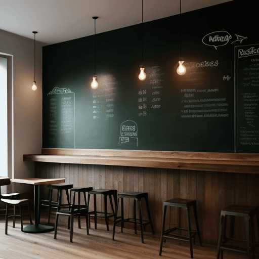 AI generated: coffee shop bar table, wooden walls, white floor, warm lighting, minimalist interior design, blackbo...