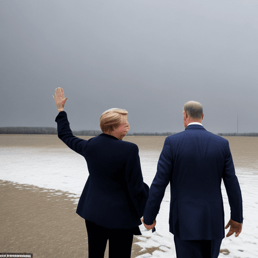 AI generated: German Chancellor Olaf Scholz, protectively holding his hands over Germany, a big storm is surroundi...