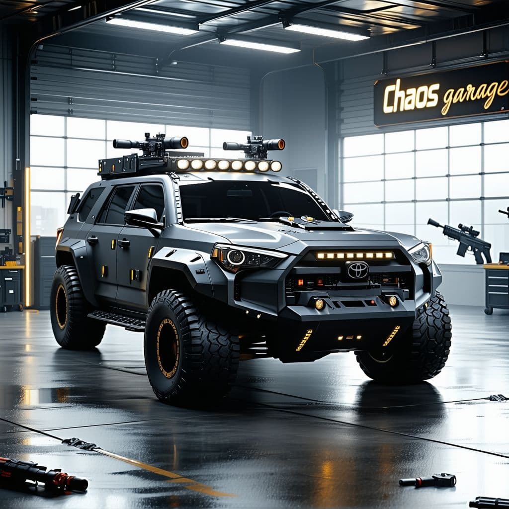 AI generated: General outline of a latest model dark grey Toyota forunner suv with machine guns on the roof and mi...
