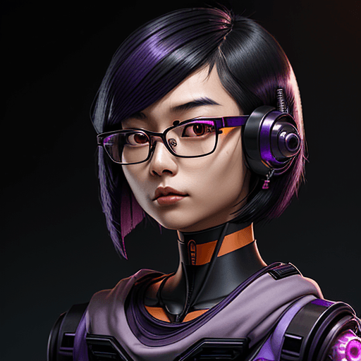 AI generated: young Asian thoughtful woman, shoulder-length purple and black hair, nerd, techie, a orange pair of ...