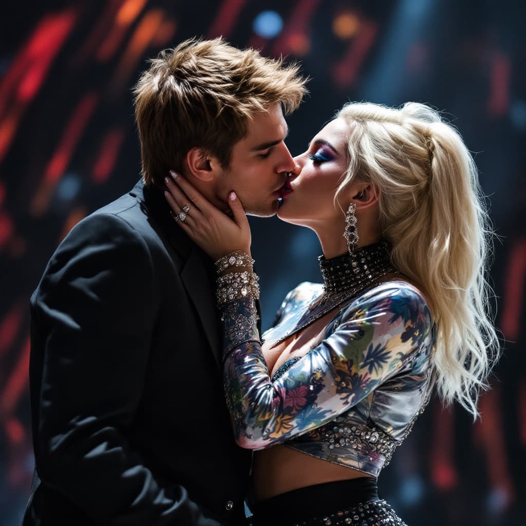 AI generated: Lady Gaga with short clothes blue and blond kiss tom cruise 