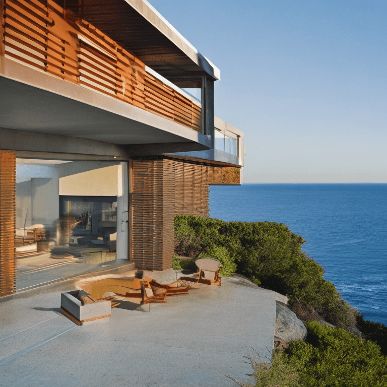 AI generated: Hyper realistic eye level exterior photo of a mid century modern style house overlooking the ocean, ...