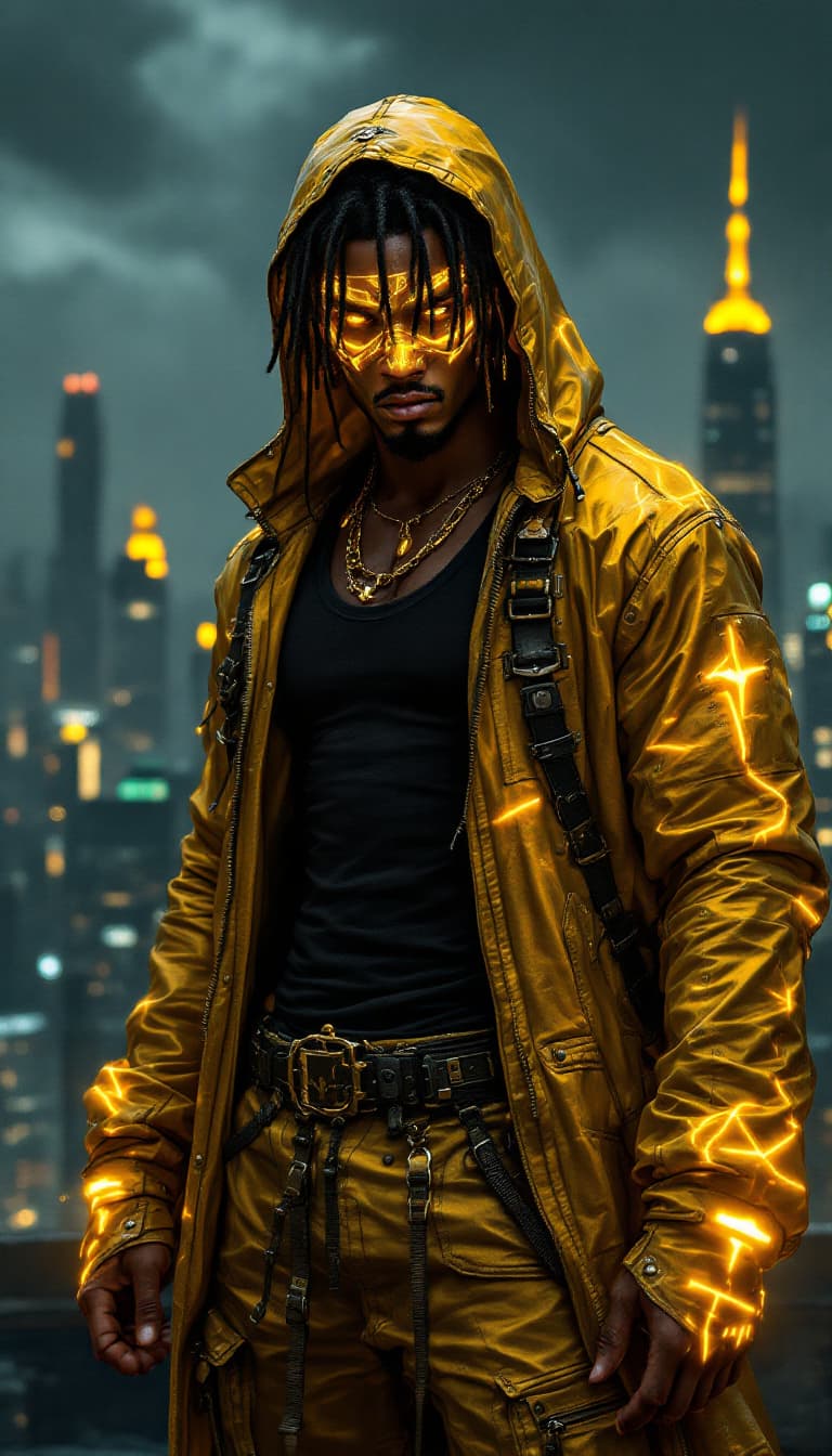 AI generated: Digital artwork, concept art, a cyberpunk 20 year old black boy with a glowing gold long sleeve hood...