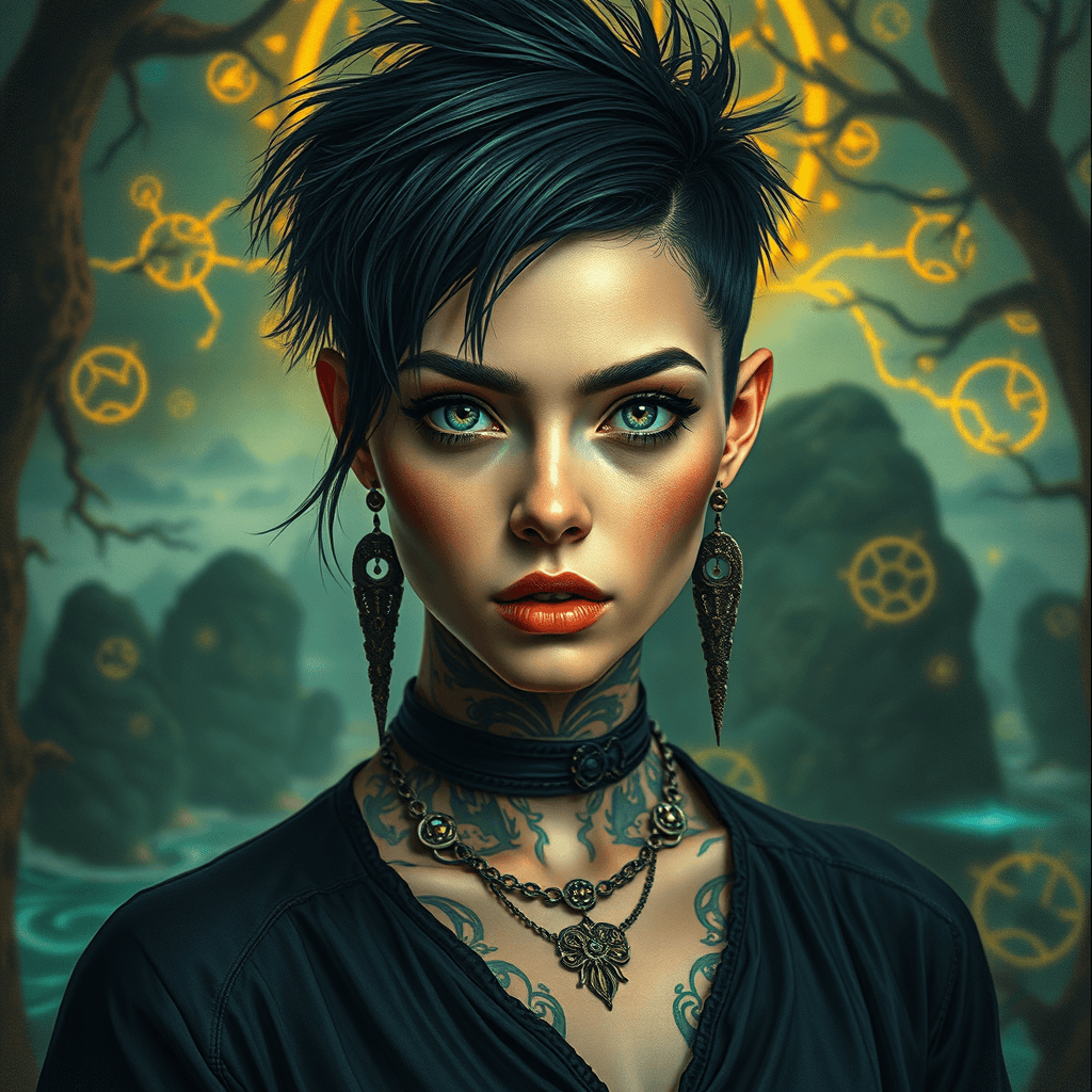 AI generated: a woman with short messy black hair in a mesmerald painting,green eyes