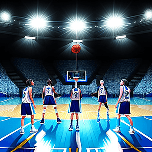 AI generated: Equipo de basquetbol realizando una gran jugada, luz brillante en la cancha, colores azules, blancos...