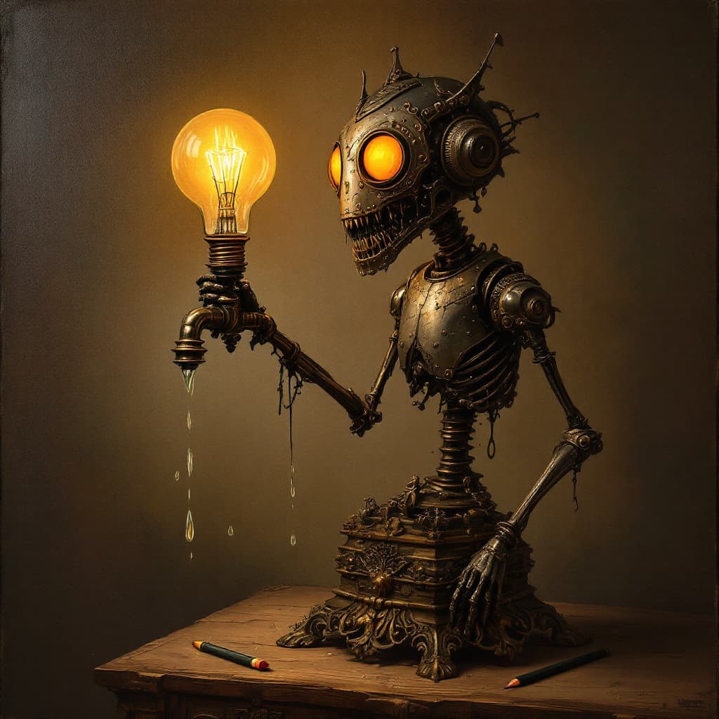 AI generated: A captivating dark fantasy illustration showcases an intricately designed metallic figure with a lig...