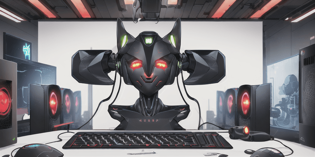 AI generated: In the background there are personal computers, keyboards, monitor, different pc components. In the ...