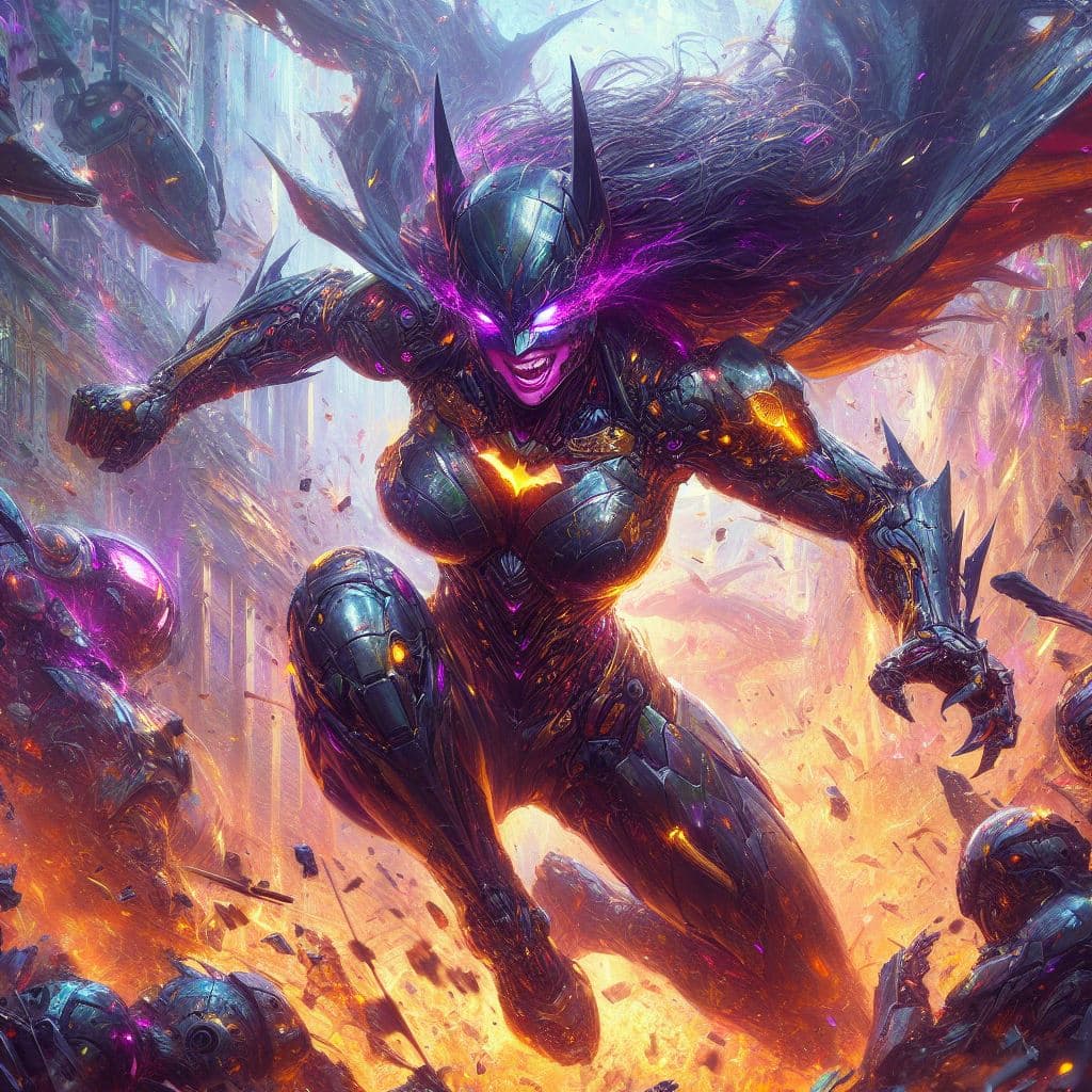 AI generated: painterly style, photorealistic, detailed flying debris, more colorful, a evil smile female Batman f...