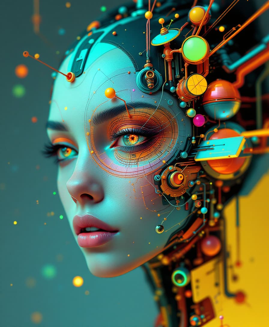 AI generated: female with a futuristic-looking face, in the style of fantastical contraptions, algorithmic artistr...