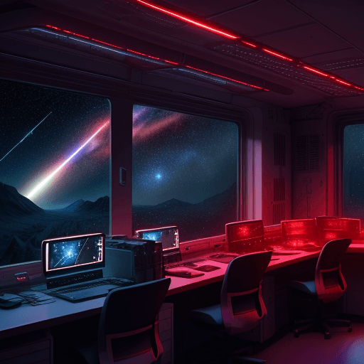 AI generated: spaceship lab, meteor rain on the galaxy on the window, red lights, computers
