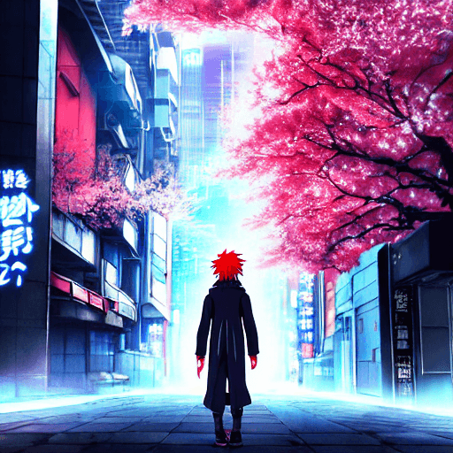 AI generated: anime key visual of cyberpunk man in red cloak walking in Cyberpunk Tokyo City, from the anime Chain...