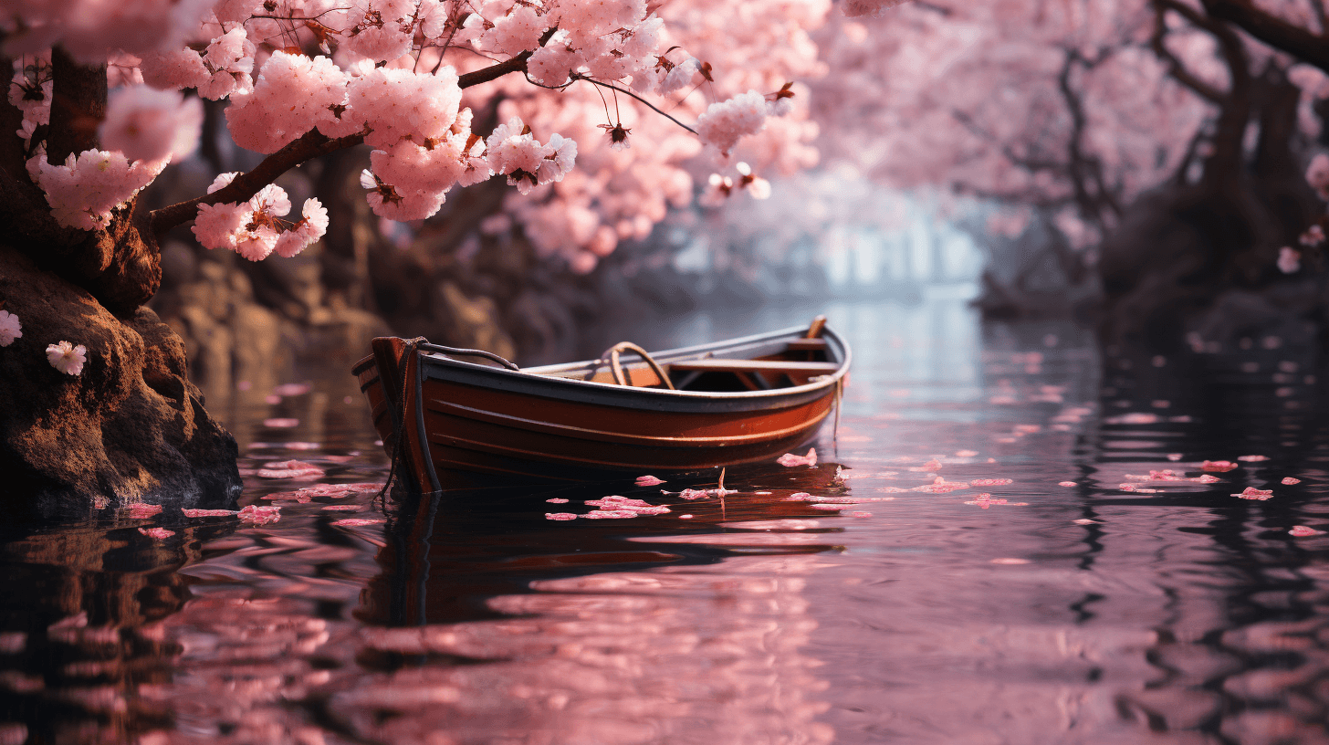 AI generated: a boat in the middle of the cherry blossoms, in the style of lush scenery, fairycore, cute and dream...