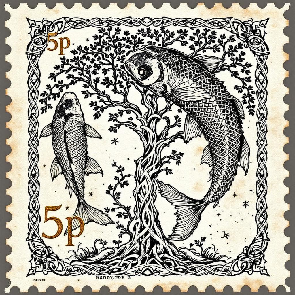 AI generated: retro vintage Postage Stamp design, pen and ink wash detailed illustration  featuring a Tree of Life...