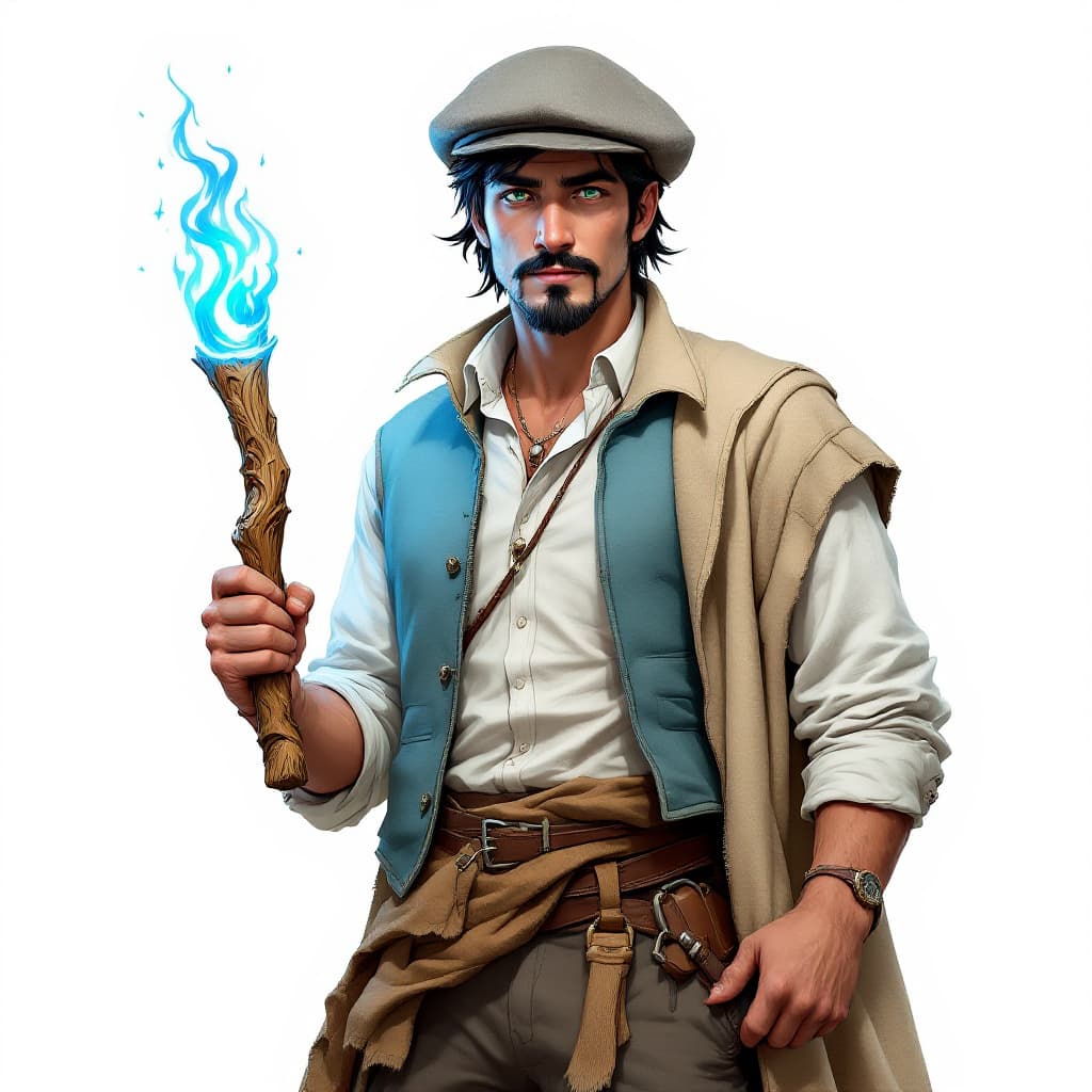 AI generated: A lean man in his mid-20's. He has Black hair, green eyes and a goatee. He is wearing a white shirt,...