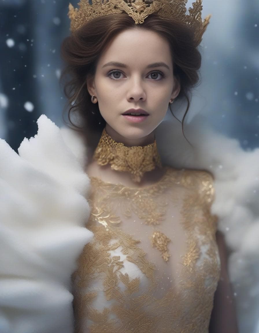 AI generated: fashion photography, gold tulle, intricate details lace, couture dress, gold crown headpiece, tim wa...