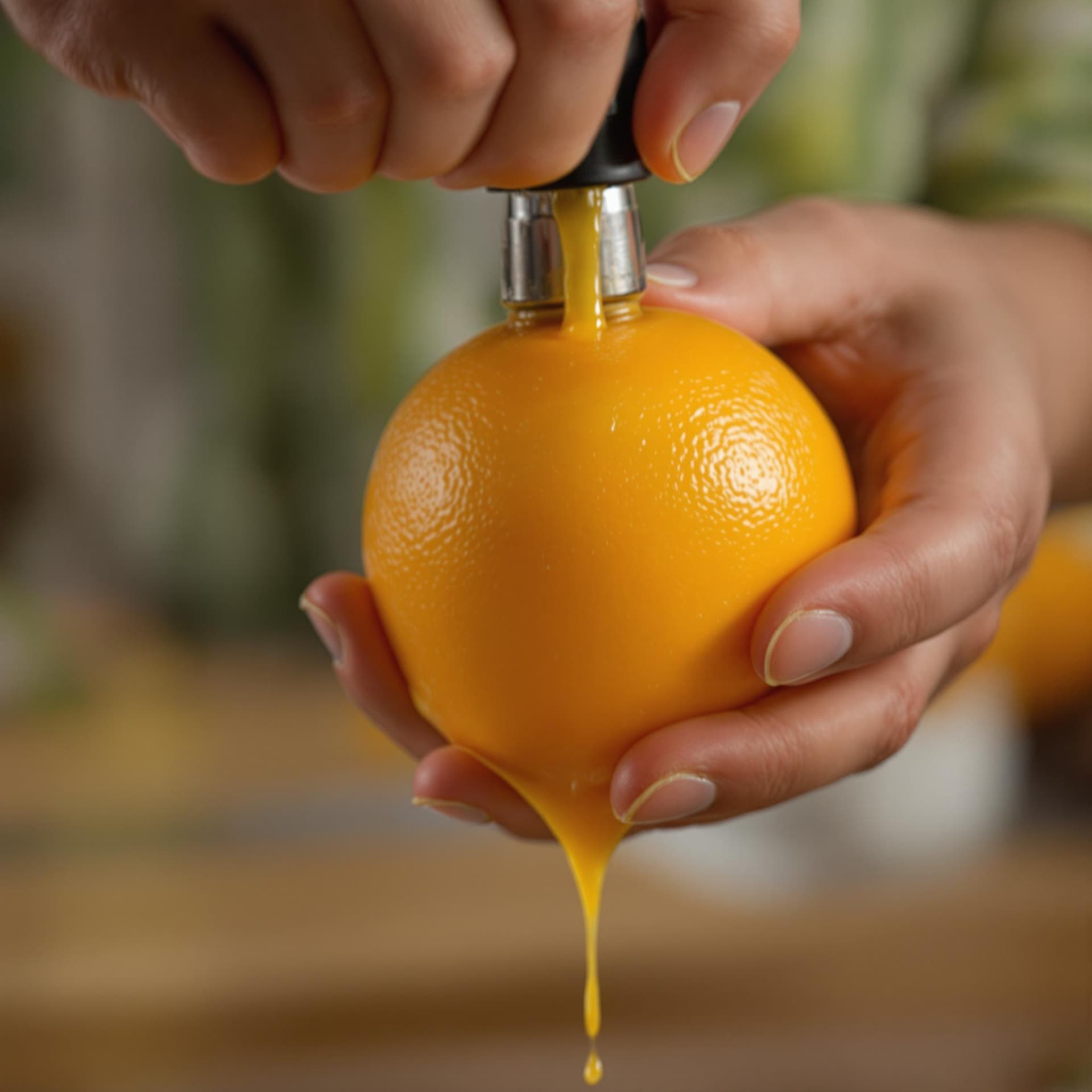 AI generated: A scene of squeezing an orange by hand. Close-up of the juice dripping --ar 16:9