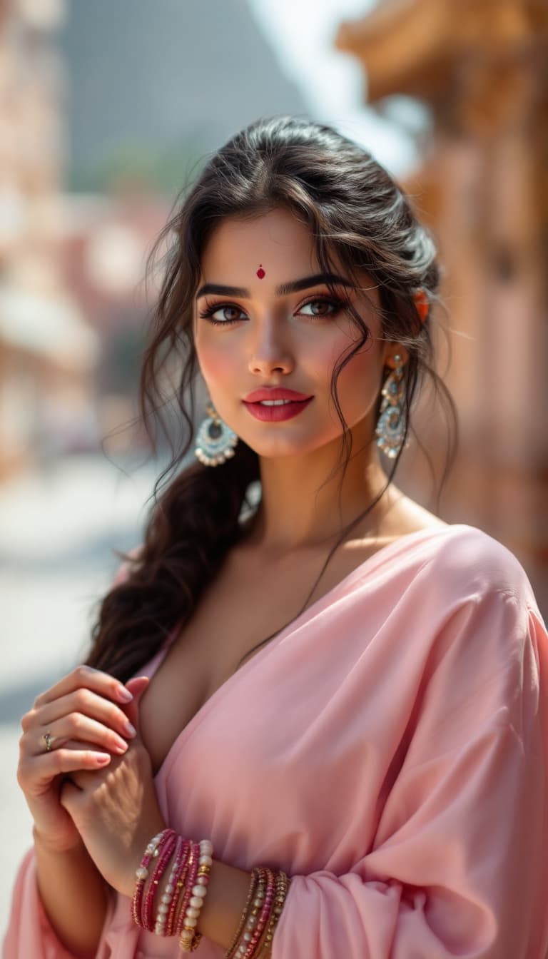 AI generated: Jennifer Connelly ,18-21 years old, Indian hair style, wearing a pink going to temple, inhaled chest...