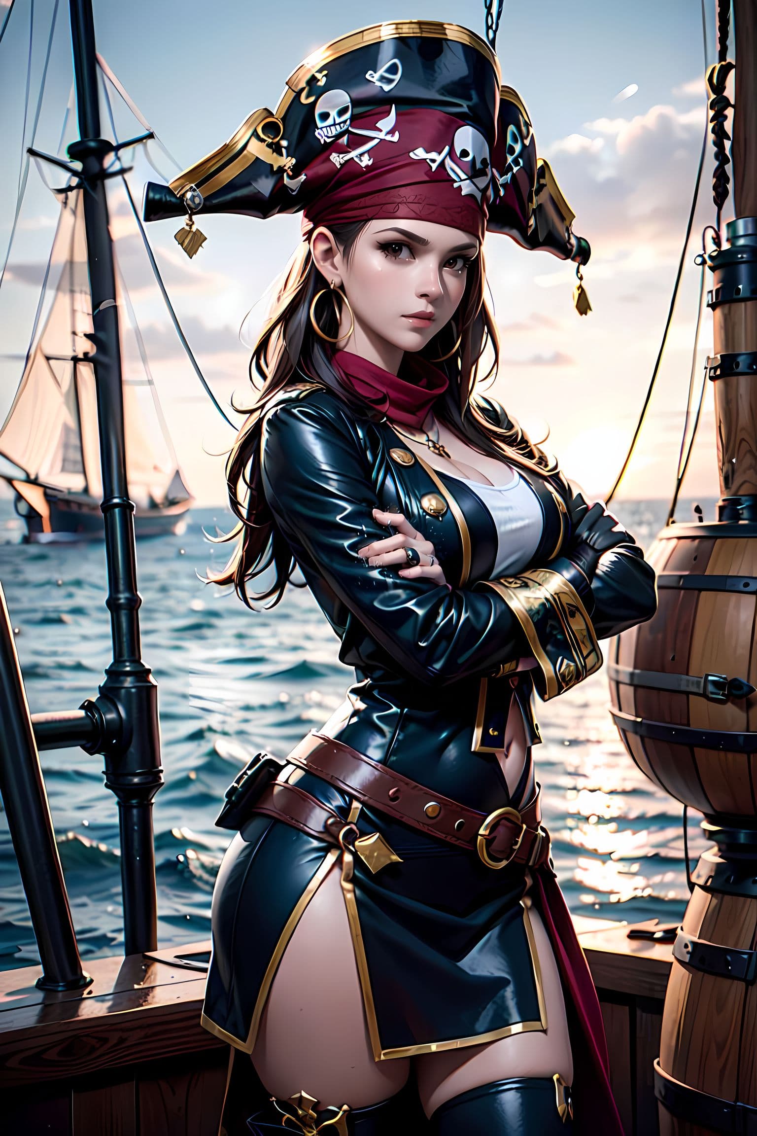 AI generated: a sailing ship, (Female pirate:1.5), pirate suit, pirate hat, pirate boots, illuminating their color...