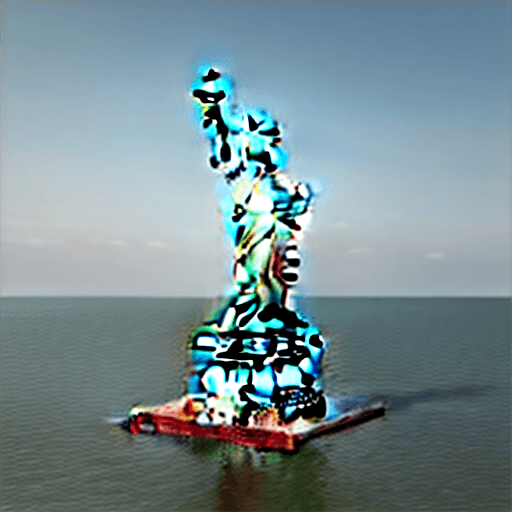 AI generated: Statue of liberty jumps of her stand into the water, style of david bailey, high detail, high resolu...