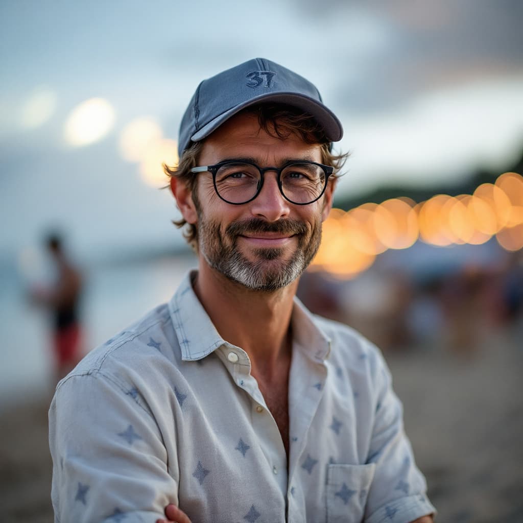 AI generated: A 37 man with a glasses wearing a baseball cap and a A crisp, light-colored linen shirt in a  subtle...