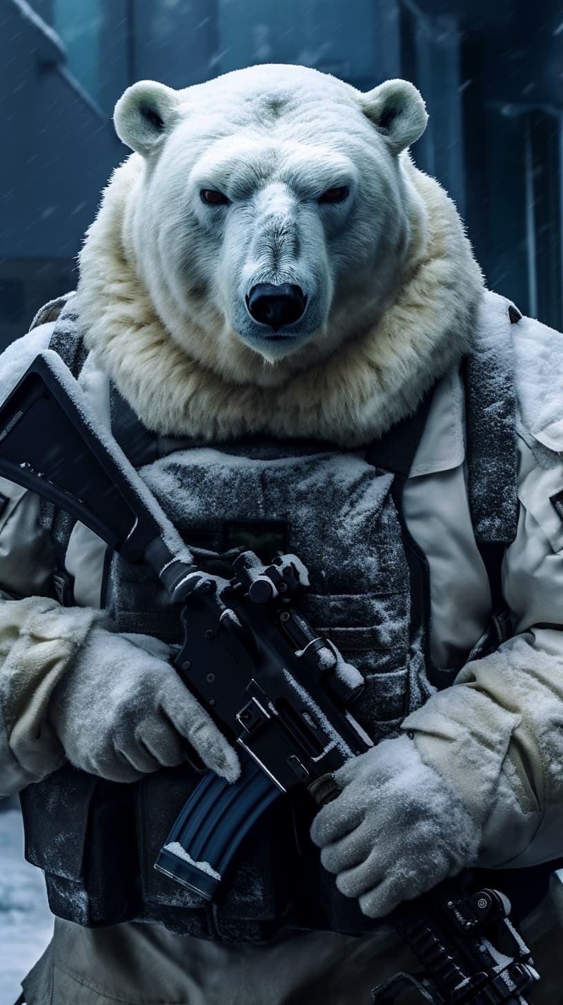 AI generated: Courageous polar bear in full winter military uniform, holding a carbine rifle, anthropomorphic, sup...