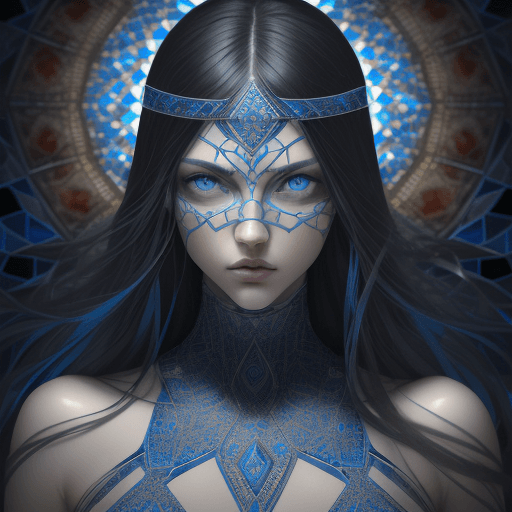 AI generated: the girl has blue eyes, and a lot of mosaic tiles, detailed, intricate, full color, beautiful, cinem...