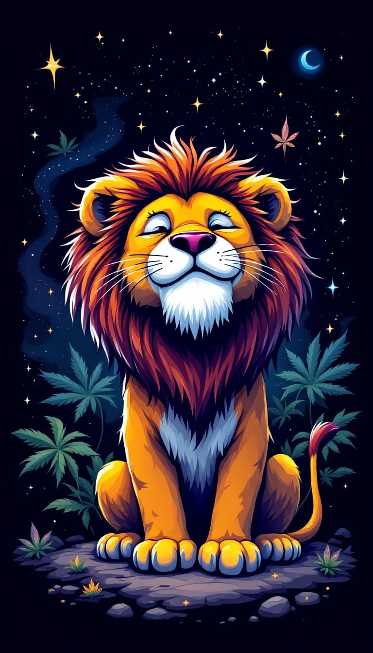 AI generated: relax,cute chibi dizzy, spaced out, Lioness relaxed serene Positive vibes, street graffiti, goofy gr...