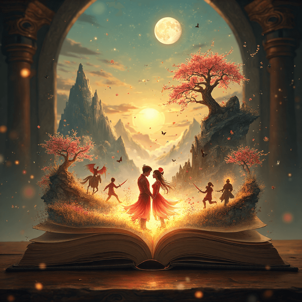 AI generated: A mystical, ancient book lies open on a grand wooden table, its pages glowing faintly with a soft, g...