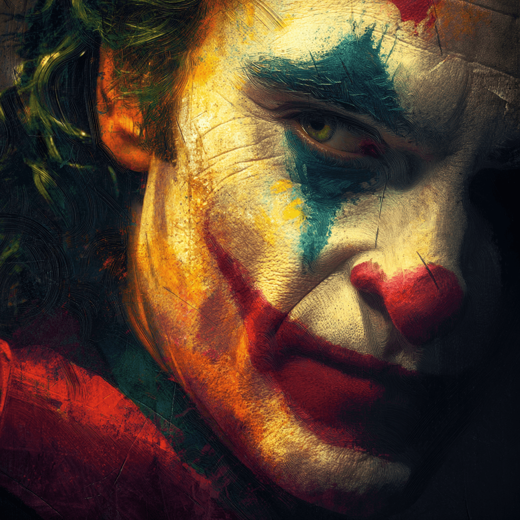 AI generated: Close-up portrait of the Joker, Caucasian, adult male, with vibrant, stylized makeup. Intense, expre...