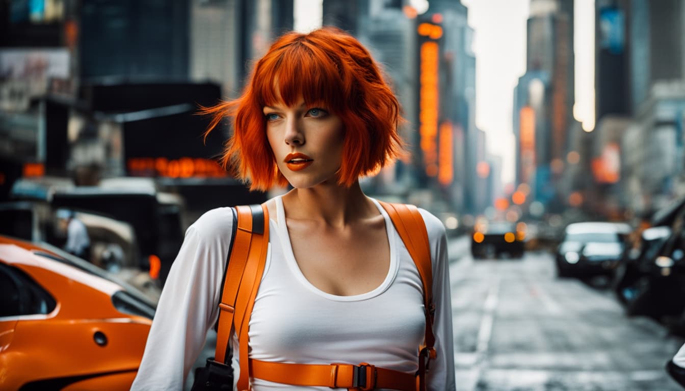 AI generated: RAW dslr portrait photograph of Milla Jovovich as Leeloo, the iconic look and costume, orange hair, ...