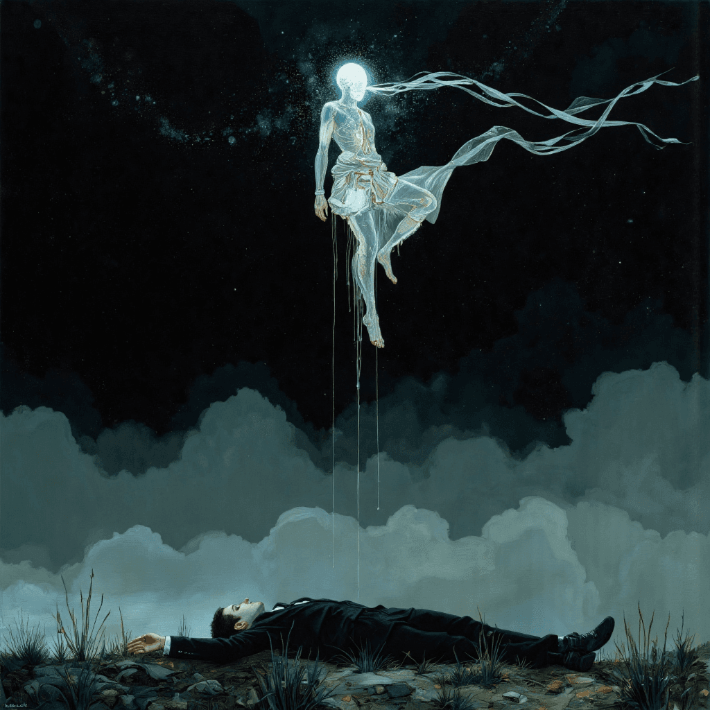 AI generated: A spectral figure, half-formed from wisps of silver and shadow, rises from the still body below. The...