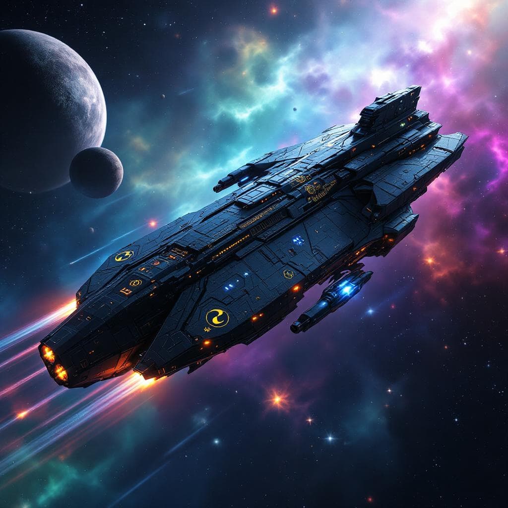 AI generated: Imagine, in detail, an alien spaceship to show a new design. An alien shuttle. Show it in deep space...