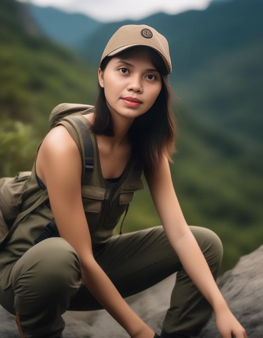 AI generated: A Vietnamese woman with brunette hair fading to a light brown is enjoying the quiet and serene after...