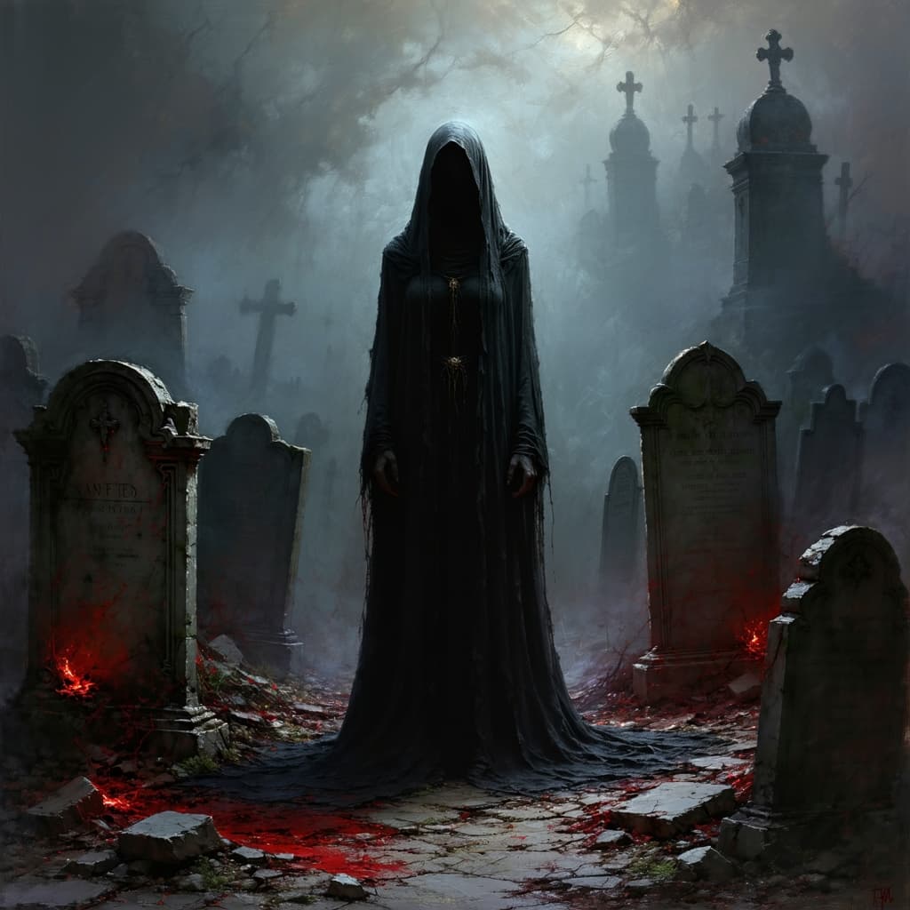 AI generated: Many demons in hell, red atmosphere, The background is a haunting and desolate mix of broken tombsto...