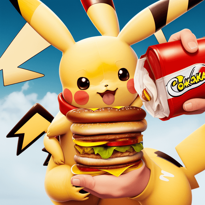AI generated: Pikachu holds a hamburger in one hand and a coke in the other hand, 8k, 4k, high quality