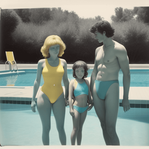 AI generated: a girl, a lady, and a man wearing swuimsuits in front of a swiming pool, in the style of light turqu...