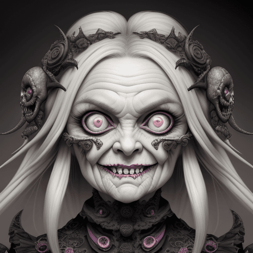 AI generated: Very old madness grandma with evil smile, mad sky hallucination by Mundford, baroque maximalist, chi...