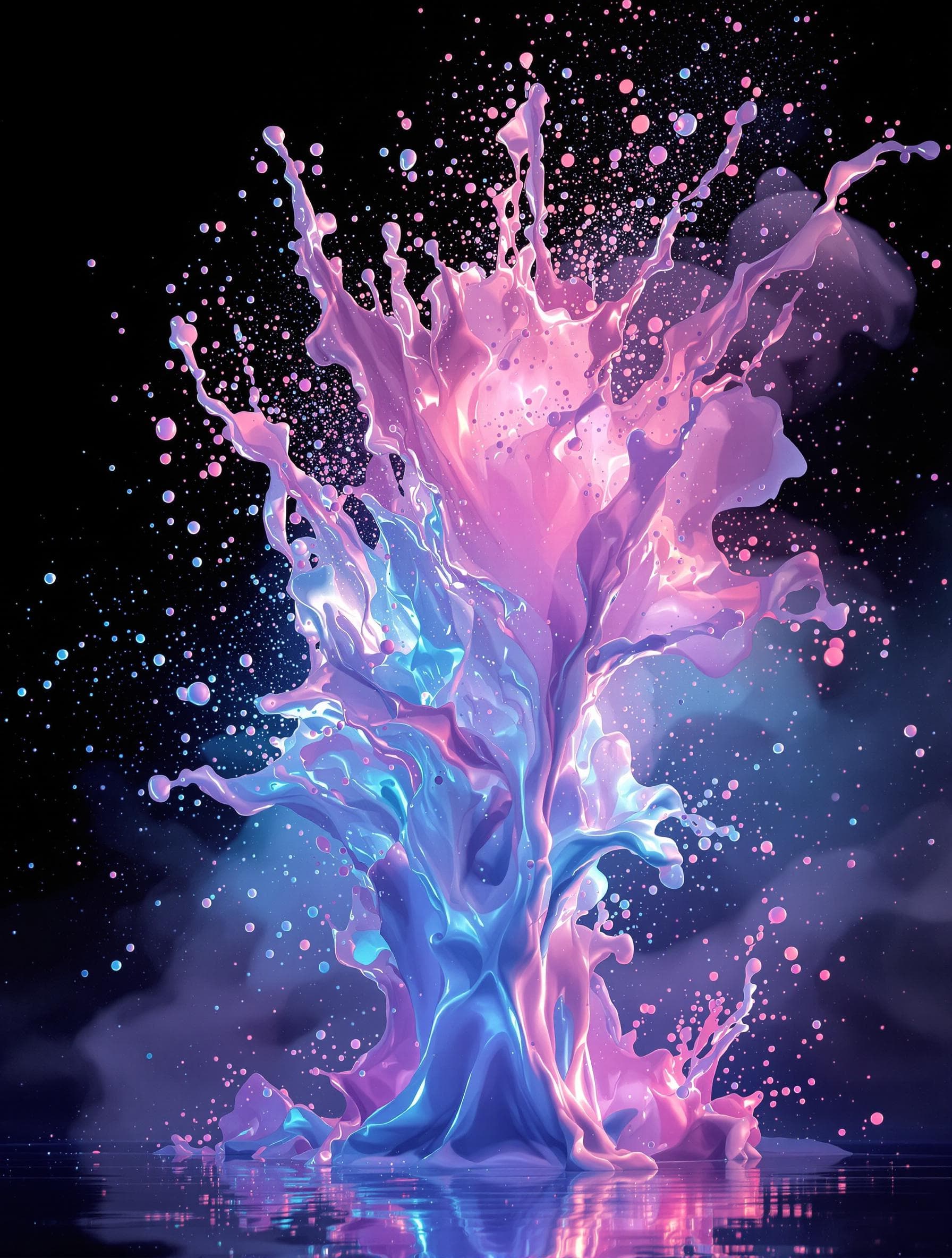 AI generated: hyper realistic glowing holographic milky fluid explosion, drip, splashes, powder, smoke, black back...