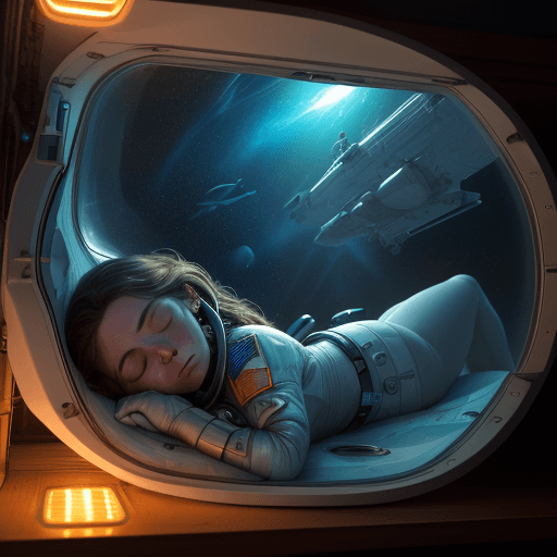 AI generated: space astronaut sleeping abord a spaceship, in a sleeping pod, lying down comfortably and dreaming, ...