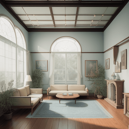 AI generated: High resolution photography interior design, dreamy sunken living room conversation pit, wooden floo...