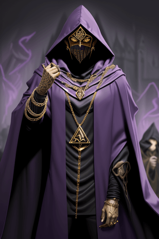 AI generated: Shadow wizard money gang, in purple cloak hood, dark face, gold chains and jewellery. triangle inste...