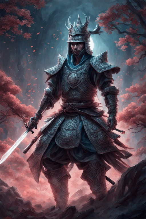 AI generated: Epic,magical,glow,Ghost Samurai, samurai warrior bound by a ghostly curse, wearing shabby samurai ar...