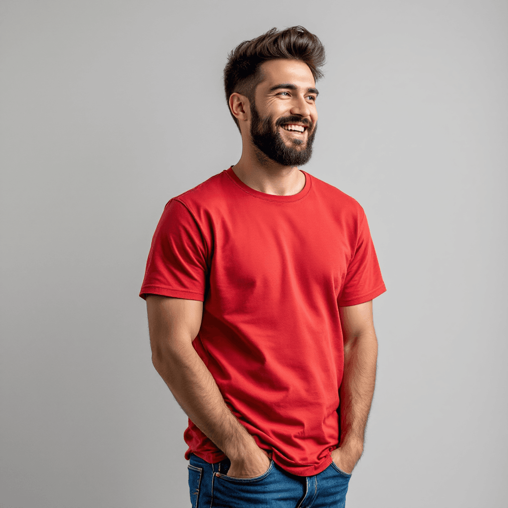 AI generated: hyper-realistic photo of a caucasian man, short burst-taper dark hair, beard, wearing straight-cut b...