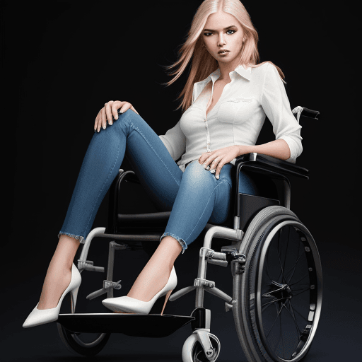 AI generated: fashion model shoot, of a blonde woman with green eyes wearing a white shirt, blue jeans and heels o...